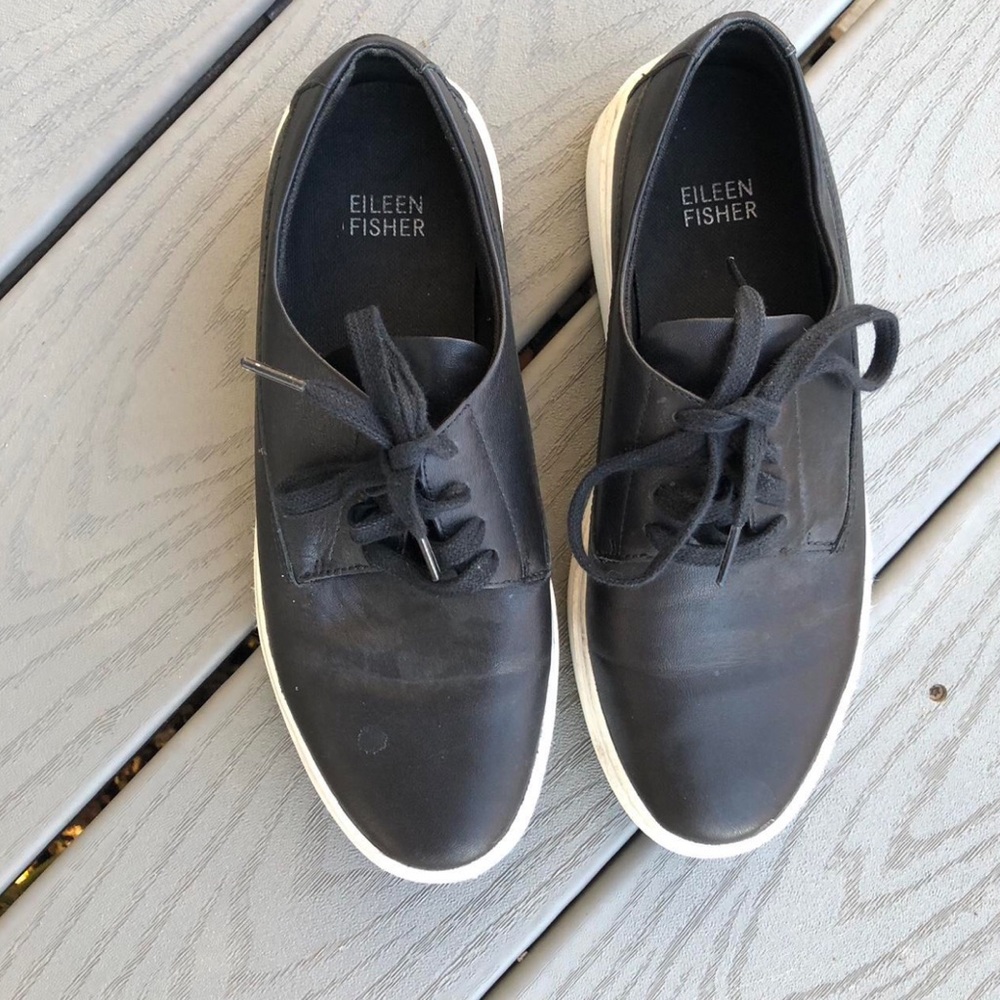Eileen Fisher Black Leather Derby Sneakers with White Sole